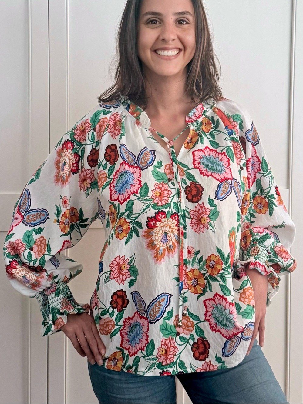 ENTRO Botanical Floral Balloon-Sleeve  Grandmillennial Cottagecore Blouse ~ NWT